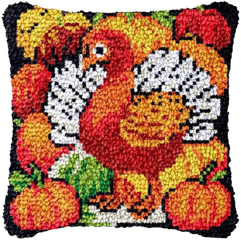 Beginner Latch Hook Kits Pillow Cover Set Turkey & Pumpkin Sofa Cushion Latch Hooking Handmade Cushion Rug Acrylic Yarn Printed Canva Pillowcase Craft Kits Set 17 x 17 Inch