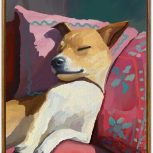 Evanthia Framed Canvas Wall Art Pillow Daydreams Dog Wall Art Whimsical Animal Canvas Print for Living Room, Bedroom, Nursery or Gift 12x16inch（30x40cm）.