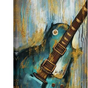 sechars Guitar Canvas Wall Art Jazz Music Painting on Canvas Modern Green and Gold Decor for Pub Bar Framed Ready to Hang 24x36inch